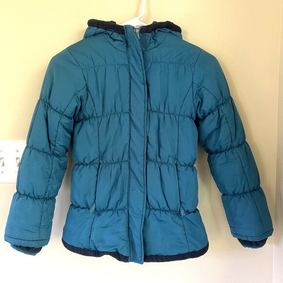 Lands End Girls' Fleece Lined Puffer Winter Jacket, Dark Teal, Size S (7-8) - Picture 1 of 11